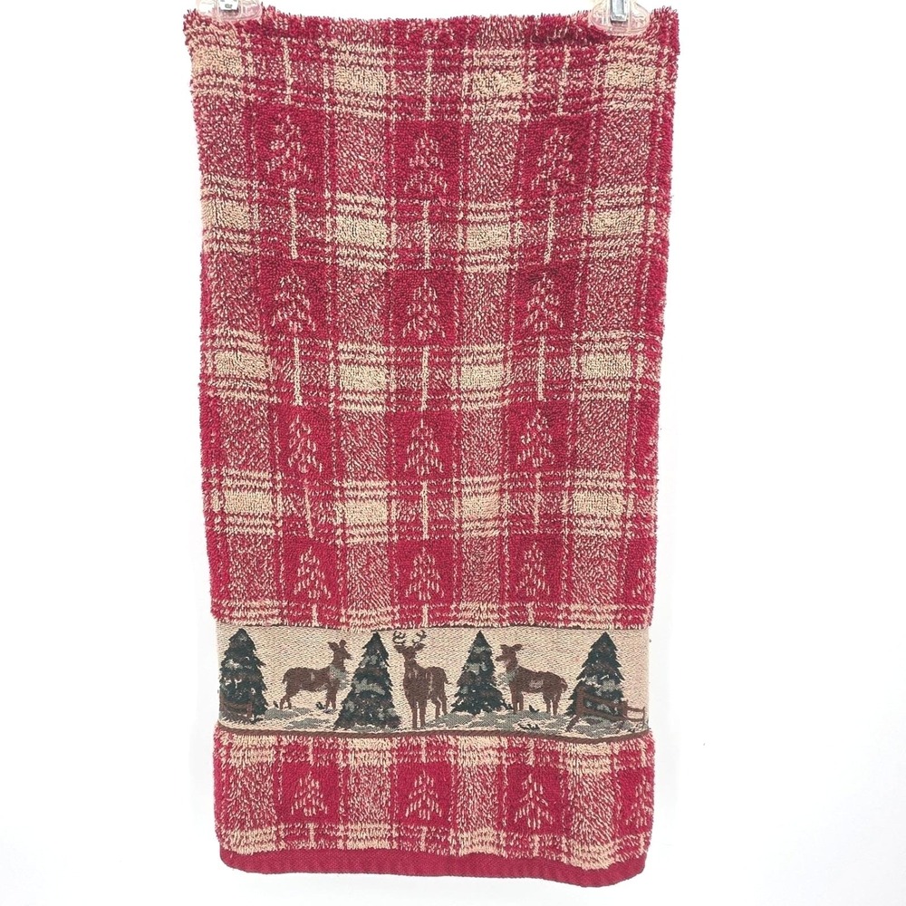 Vintage Santens Plaid Christmas Deer Trees Red Tan Jacquard Bath Towel Cotton
